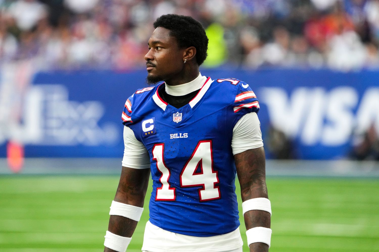 London United Kingdom, Buffalo Bills wide receiver Stefon Diggs (14) watches from the sidelines during the second half of an NFL International Series game against the Jacksonville Jaguars at Tottenham Hotspur Stadium